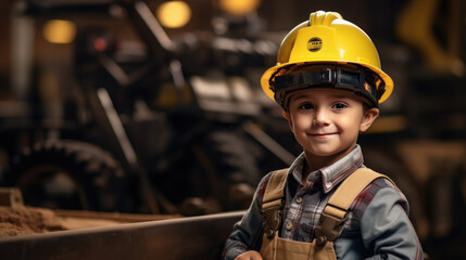 A little boy pretending to be a mechanic. The concept of children in adulthood. - obrazy, fototapety, plakaty