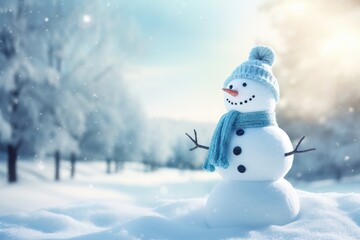 Obraz premium Happy snowman in knitted blue cap and scarf standing in winter landscape. Festive background with a lovely snowman. Merry Christmas and happy New Year greeting card with copy space