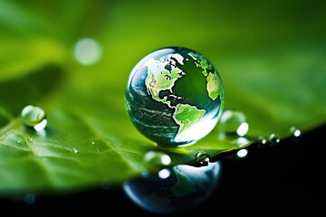 Earth-Like Water Droplet on Green Leaf, Sustainability Illustrated