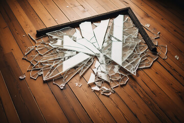 A shattered picture frame lies on a hardwood floor, symbolizing broken trust and feelings of shame or disappointment