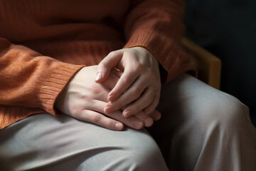 Close-up of hands clasped tightly in the lap during a therapy session, indicating feelings of shame or guilt being discussed - obrazy, fototapety, plakaty