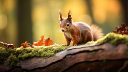 A red squirrel sat on a log with a green and brown background