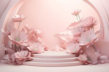 3D Pink Podium with Pastel Flowers. A Modern and Elegant Design