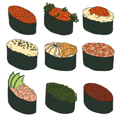 Hand drawn gunkan maki sushi clipart set. Japanese traditional cuisine dishes. Asian food © Daria Shane