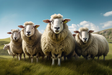 sheep is looking at you from its meadow on farm background.