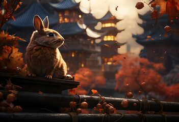 Moonlit Jade Rabbit, A Spectacular Mid-Autumn Festival Overlooking a Temple - obrazy, fototapety, plakaty
