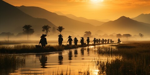 Obraz premium asian rice farmer, sunrise landscape