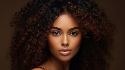 Fototapeta premium a beautiful stylish mulatto woman with clean fresh skin touches her own face. Facial care. Cosmetology, beauty