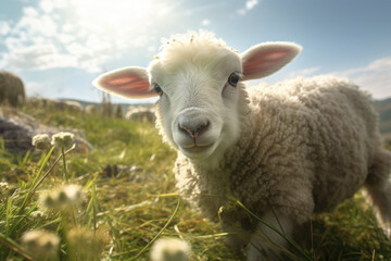 Obraz premium sheep is looking at you from its meadow on farm background.