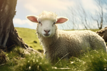 Fototapeta premium sheep is looking at you from its meadow on farm background.