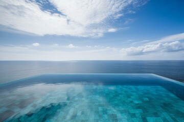 Infinity pool merges ocean seamlessly, under clear sky, creating boundlessness. Generative AI