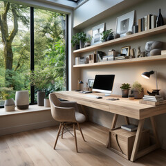 modern library with cozy armchair and book shelves with books arranged in room with potted plant,Ai generative