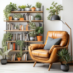 modern library with cozy armchair and book shelves with books arranged in room with potted plant,Ai generative