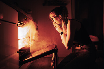 Fire in the oven. Burnt food. Sad woman in front of the oven.