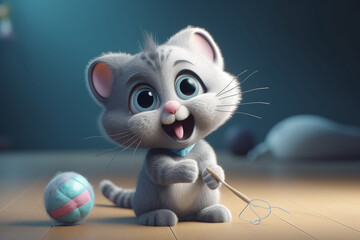 Fototapeta premium Cute cat with easter egg on wooden floor, closeup