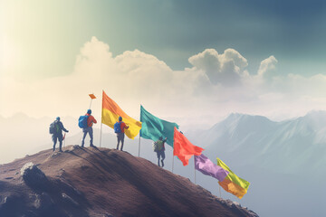Hikers with colorful flags on the top of the mountain. 3D Rendering