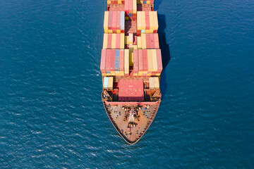 Container cargo vessel cruising the Mediterranean sea. Aerial top down shot © Leonid