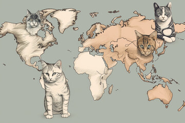 Animals on the map of the world. Hand-drawn vector illustration.