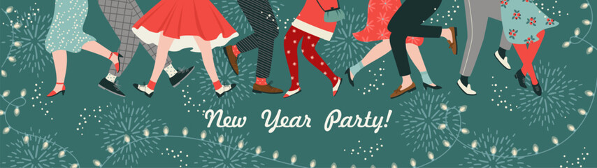 Christmas and Happy New Year illustration of dance party. Trendy retro style. Vector design - obrazy, fototapety, plakaty