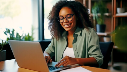 SMILING AFRICAN BUSINESSWOMAN MANAGER WORKING IN OFFICE LOOKING AT LAPTOP AND WATCHING ONLINE WEBINAR WITH HER PARTNERS. image created by legal AI
 - obrazy, fototapety, plakaty