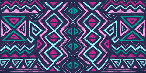 African ethnic seamless pattern in tribal style. Trendy abstract geometric background with grunge texture. Unique design elements for textile, banner, cover, wallpaper, wrapping	