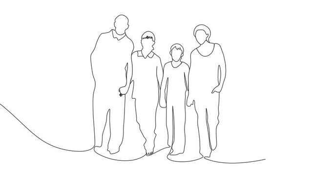Parents and Sons Family Drawing Single line animation on White Background. Four members of happy family 