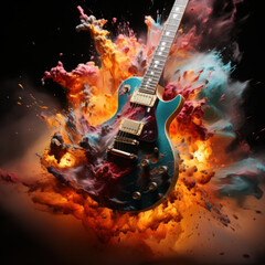rock music instruments exploding with colourful,Generative AI - obrazy, fototapety, plakaty