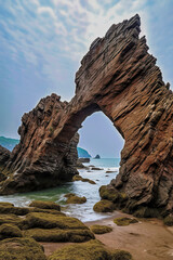 Fototapeta na wymiar Majestic Rock Arch on a Serene Beach: A Testament to Nature’s Artistry, ai generative