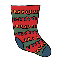 Hand drawn sock for Christmas gifts. Hanging sock doodle. Winter single design element