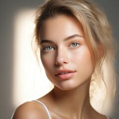 Fototapeta premium Beautiful Young Woman with Clean Fresh Skin touch own face . Facial treatment . Сoncept skin care cosmetics solution