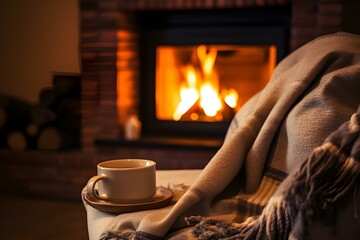 Mug With Hot Tea Standing on a Chair With Woolen Blanket in a Cozy Living Room With Fireplace.