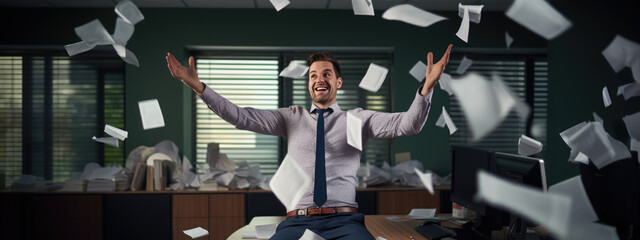 Happy businessman throwing papers in the air as a sign of victory and success in his work