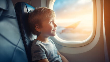 The child is sitting and looking out the window. At the airplane window. - obrazy, fototapety, plakaty