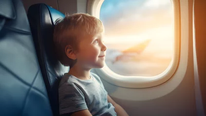 Cercles muraux Avion The child is sitting and looking out the window. At the airplane window.