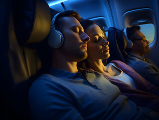 Tourists and passengers are sleeping on the plane.