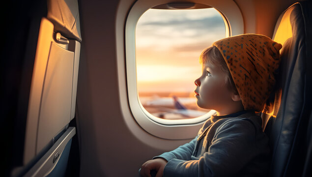 The Child Is Sitting And Looking Out The Window. At The Airplane Window.