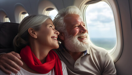 Tourists and passengers are sitting and looking out of the window on the plane. smile happily