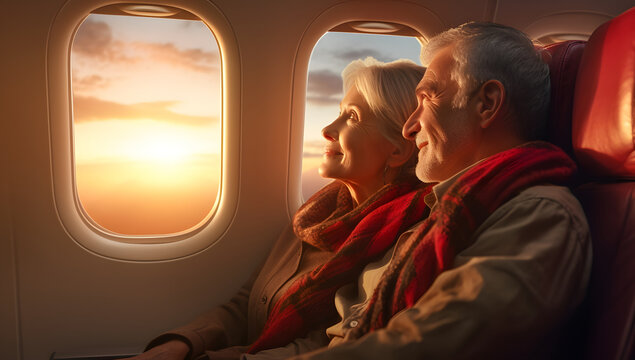 Tourists and passengers are sitting and looking out of the window on the plane. smile happily