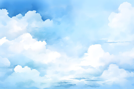 Hand painted blue sky and clouds, abstract watercolor background  