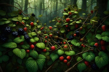 Produce an AI-rendered image of a tangled web of wild dewberries, with their trailing vines and clusters of dark, juicy fruits in a forest clearing - obrazy, fototapety, plakaty