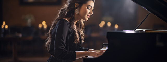 Female musician plays the piano during a concert - obrazy, fototapety, plakaty