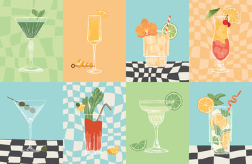 Set of cocktails. An illustration of classical drinks in different types of glasses. Vector illustration of popular cocktails. Banner with soft and alcohol drinks.