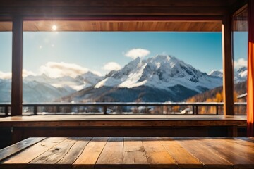 Empty wooden table top with mountain ski hotel and mountains with snow on top of mountains in background with bokeh autumn sunlight. Generative Ai.