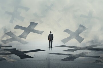 Man Facing Floating Abstract Shapes in Foggy Surreal Landscape

