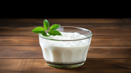 Kefir in a glass on a wooden background