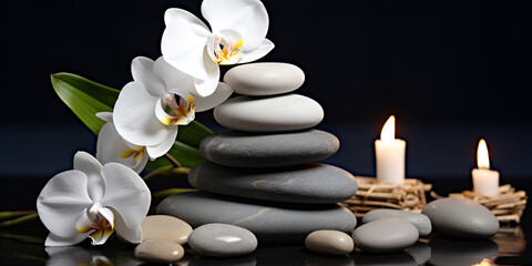 Spa stones and candles with flowers on dark background, A table with a glass bowl of white balls and a candle in the background, generative AI