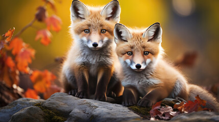 Two young foxes sit on a stone