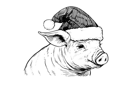 Christmas pig in santa hat hand drawn ink sketch. Engraved style vector illustration.