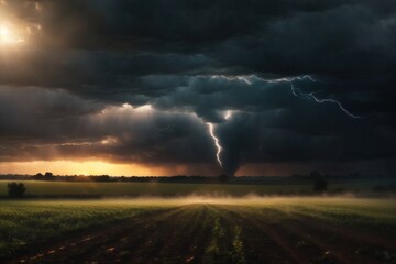 Fototapeta premium a field with a tornado realistic dark background. ai generative
