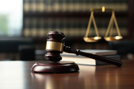 Nahaufnahme - Hammer eines Richters und Gerichtswaage im Gerichtssaal vor verschwommenem Hintergrund. Justiz und Gerechtigkeit. 